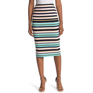 AFRM Port Ribbed Pencil Skirt In Multi Blush/Noir Stripe Size XS